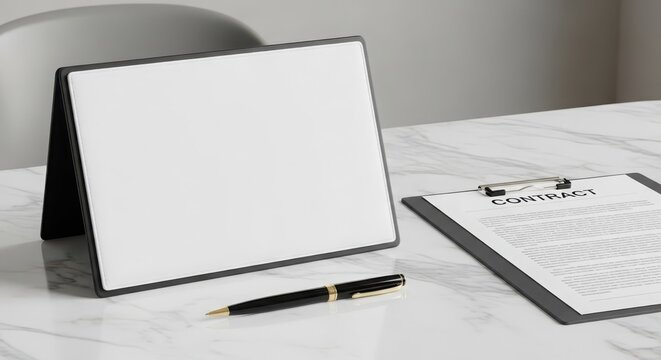 Executive Leather Folio with Clipboard and Pen on Marble Desk, Ready for Business Documentation