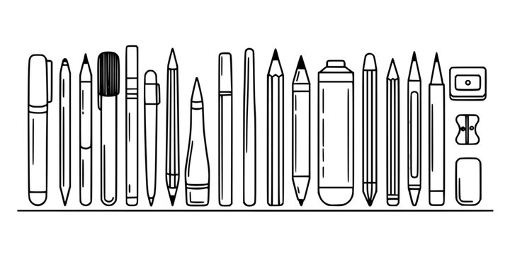 Pens and Pencils in a Variety of Styles and Colors Arranged in a Row Featuring Writing Tools, Drawing Tools, Art Supplies with Stationery and Markers