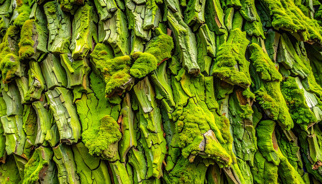 Close up textured tree bark covered in vibrant green moss, organic natural pattern with rough surface
