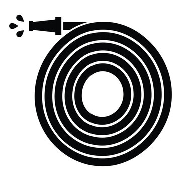 Black and white illustration of coiled hose with nozzle spraying water icon