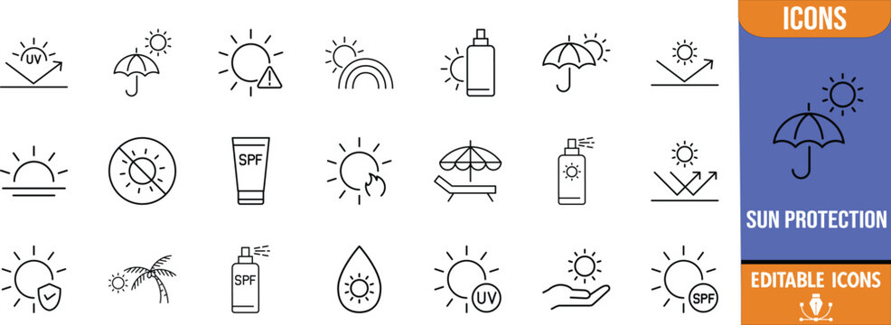 Sun protection and uv icons. sunscreen icon set, umbrella icon set, sun icon set