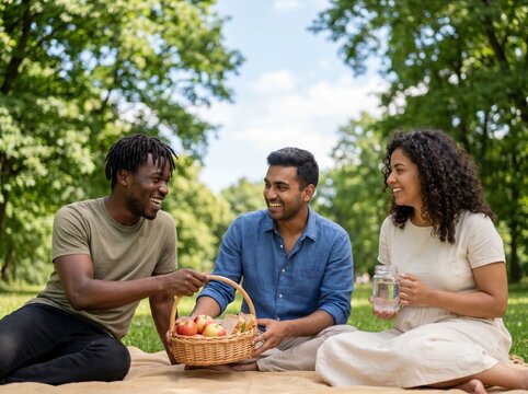 Diverse Best Friends Laughing and Sharing Food on Picnic Blanket - True Connection and Copy Space