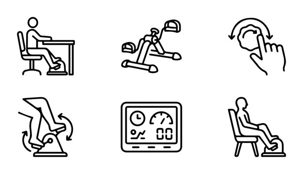 Pedal Exerciser Icons, Fitness Equipment Line Art, Rehabilitation Devices, Health and Wellness Vector Graphics