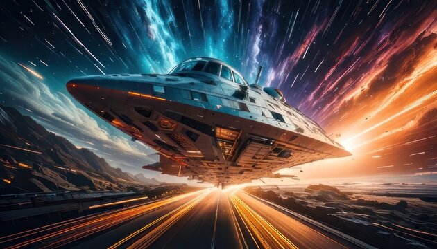 Futuristic UFO Spaceship Traveling Through a Cosmic Nebula at High Speed.