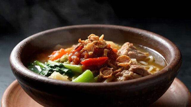 Traditional Indonesian Hot Steaming Mie Godog Jawa Noodle Soup in Clay Bowl with Sambal Chili