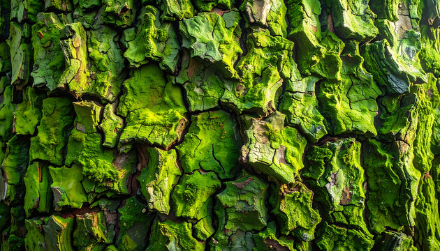 Close-up macro shot of rough, textured tree bark covered in vibrant green moss, natural pattern, organic detail, forest life