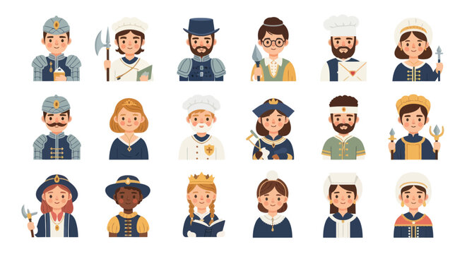 Flat Vector Illustration Set of Historical Medieval Profession Characters Avatars