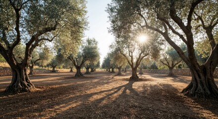 Fototapeta premium Sunlight streams through olive trees in a grove, casting long shadows
