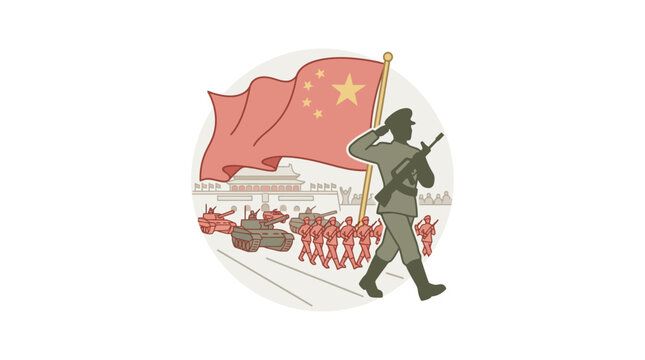 Military parade with soldiers and tanks under flag