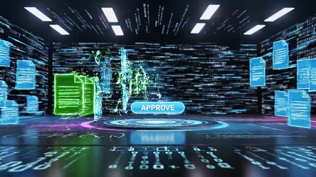 Futuristic digital document management system with hand interacting with virtual data and secure files