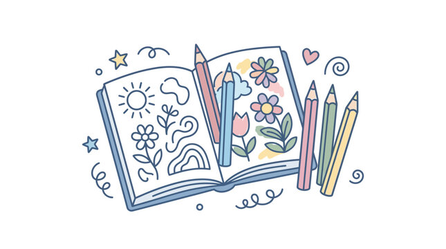 Open coloring book with colorful drawings and pencils