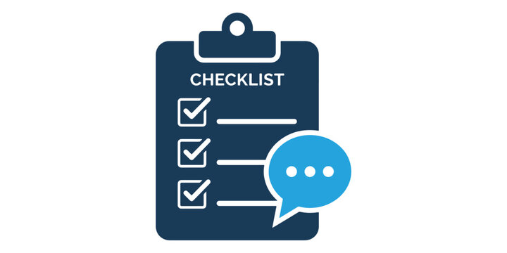 Checklist icon with speech bubble on clipboard isolated on white background