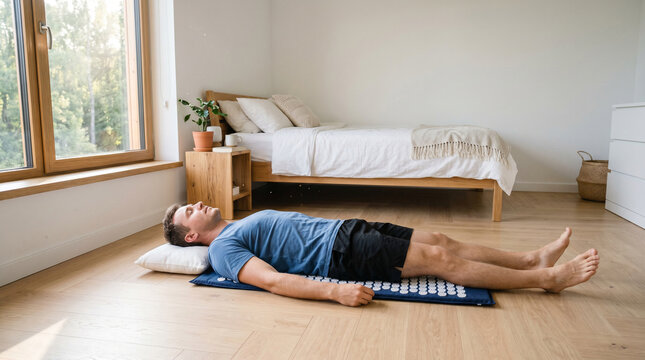 Person using acupressure mat at home for back tension, self-treatment pain management concept, home wellness therapy, pressure point relief, holistic care