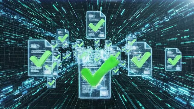 Futuristic digital check mark symbolizing data verification and cybersecurity in technology network