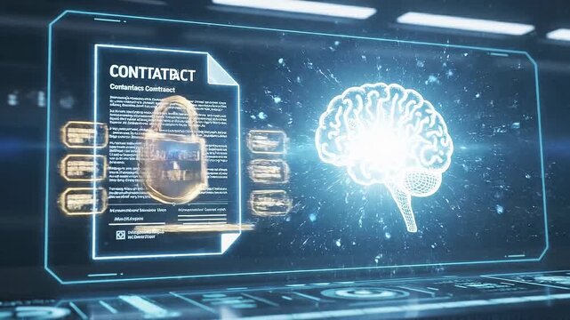 Futuristic biometric authentication technology with digital brain scan and contract analysis hologram interface