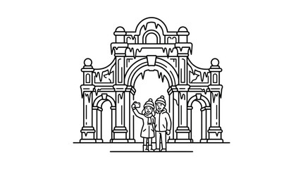 Obraz premium A couple taking a selfie in front of a snowy architectural archway.