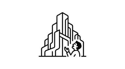 Naklejka premium A minimalist line art illustration of a person looking up at a tall abstract skyscraper.
