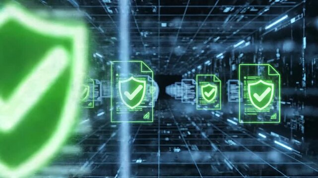 Digital data protection and secure file verification with futuristic glowing shield icons