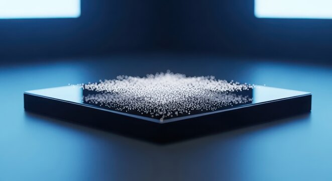 Abstract visualization of a concentrated cloud of fine nanoparticles on a dark surface, showcasing advanced material science and energy potential.