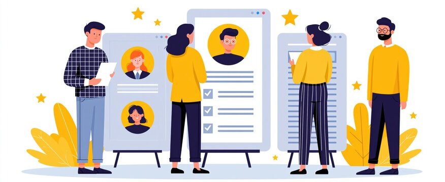 Human resources management concept. Reviewing CVs, evaluating candidate profiles, job seekers, employees filling out digital feedback forms, completing assessment questionnaires.