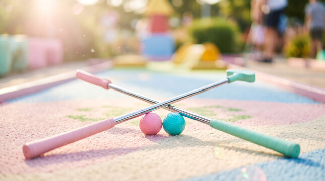 Croquet mallets and balls on court at sunny outdoor game