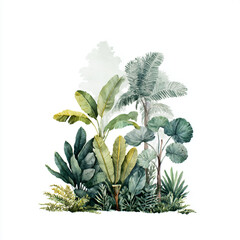 Fototapeta premium Watercolor illustration of tropical foliage featuring banana leaves and palm leaves in lush green tones.
