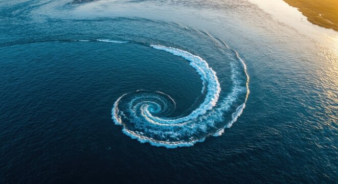 Aerial shot of boat's spiraling wake on blue water, reflecting sunset's light