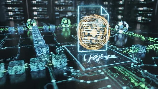Futuristic blockchain technology concept with glowing data blocks and digital document on dark background