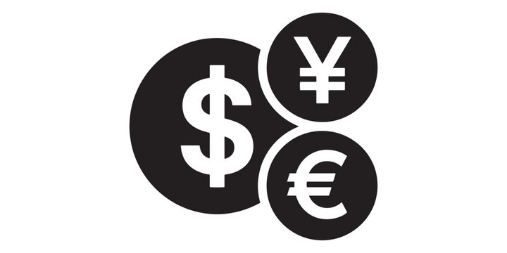 Vector illustration of dollar, yen and euro currency symbols in black circles