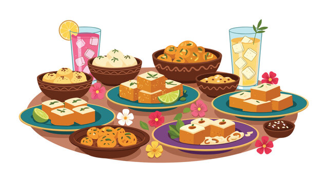 Beautiful spread of traditional indian sweets and desserts including barfi and ladoo with refreshing drinks decorated with flowers in flat style.