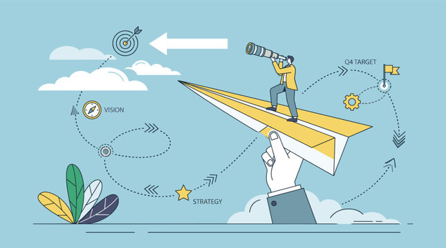 Businessman riding a paper plane while looking through a telescope toward a target with vision, strategy, and Q4 business goal labels on blue.