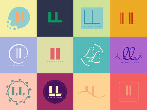 LL logo company template. Letter l and l logotype. Set different classic serif lettering and modern bold text with design elements. Initial font typography.