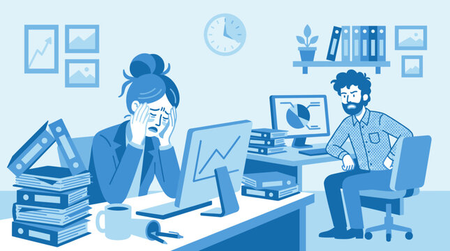Stressed woman covering her face with her hands at a cluttered office desk while a concerned male colleague watches nearby with files and charts.