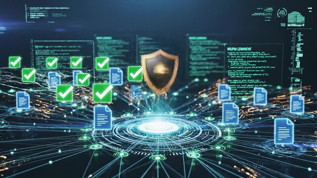Digital data validation and secure file verification concept with futuristic technology and glowing check marks