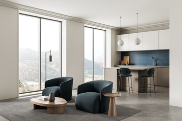 Fototapeta premium Modern interior design living room with cozy seating, large windows and stylish kitchen area featuring minimalist decor and natural light filled atmosphere. 3D Rendering