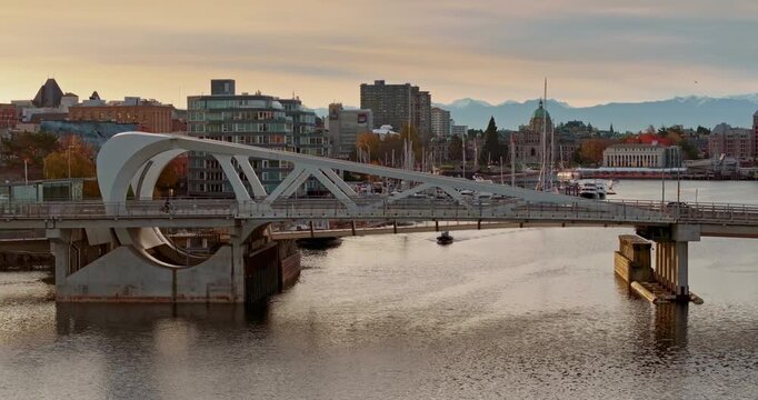 Aerial view of the waterfront and cityscape of Victoria with Johnson Bridge in British Columbia, Canada