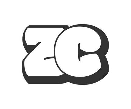 ZC logo, bubble comic lettering, rounded in graffiti style black and white silhouette. Trendy preschool Z and C letter text for festival party, personal initials, children funky print and web.