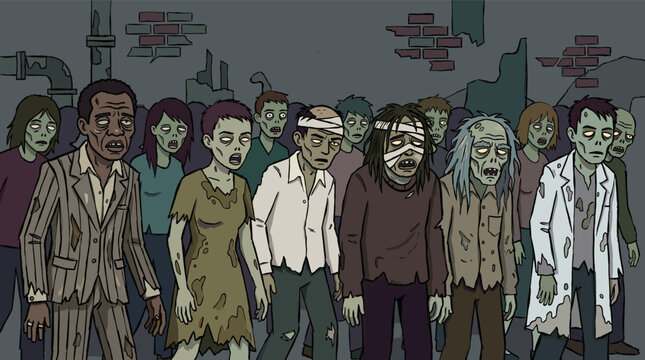 Large crowd of green-skinned undead zombies in torn clothes shambling forward against a dark brick wall background in a horror illustration scene.