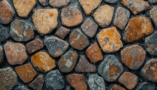 Close-up of a rustic hexagonal stone wall with varied brown and gray stones.