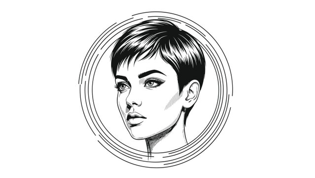 Fine black and white line art portrait of woman with short pixie haircut inside circular frames with detailed cross hatching.