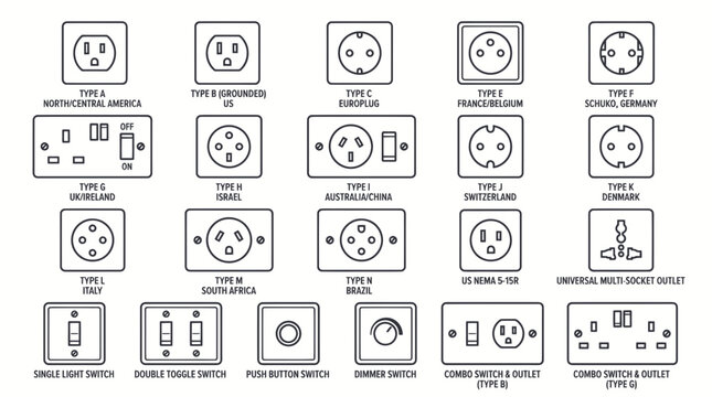 Collection of Global Electrical Sockets and Plugs Types Illustration