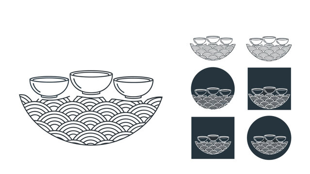 Minimalist line art illustration of three tea bowls resting on stylized wave pattern presented in various circular and square badge formats.