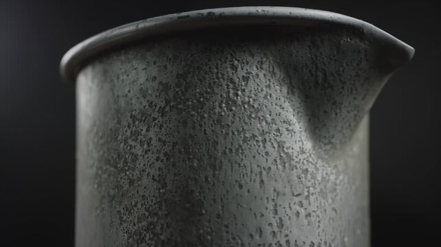 Close-up sequence of a weathered metal pitcher showcasing its textured surface, handle, and spout against a dark background, emphasizing the object's details and craftsmanship