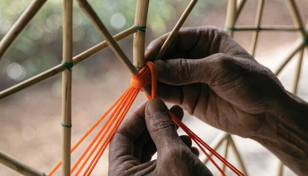 Closeup Detail of Calloused Hands Expertly Knotting Bright Orange Cord Around Bamboo Structure