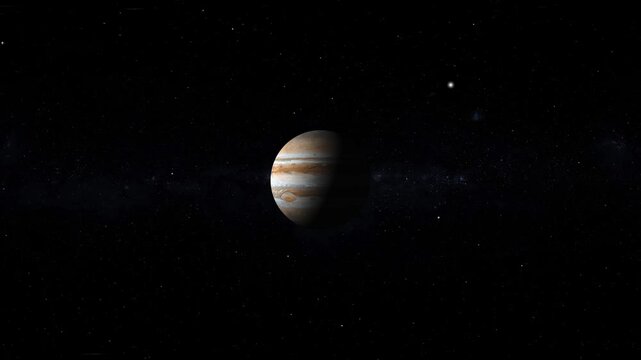 Rotating Jupiter Planet with Flying Stars in Deep Space Background