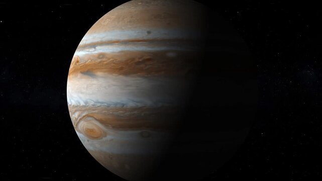 Rotating Jupiter Planet with Flying Stars in Deep Space Background