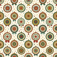 Fototapeta premium Seamless Christmas pattern with hand drawn vintage folk art ornaments and stars. EPS Editable. Vector Illustrations.