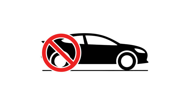 A black car silhouette with a red no symbol over its front wheel, indicating a restriction or prohibition related to vehicle movement or parking.