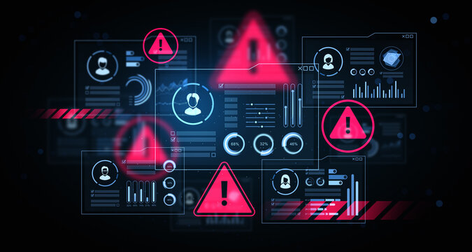 Cybersecurity alert interface with glowing warnings and futuristic data panels in a digital environment highlighting threat indicators and system risks. 3D Rendering