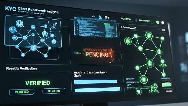 Futuristic digital identity verification and compliance analysis on transparent computer screen